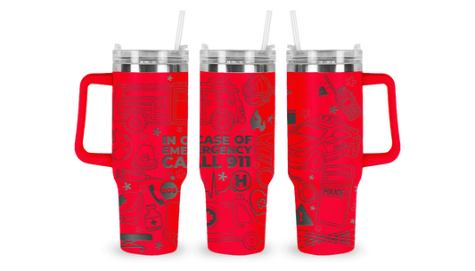 tainless steel tumbler with an engraved 911 Emergency Hotline design, honoring emergency dispatchers and first responders.