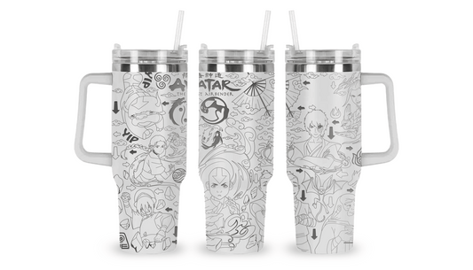 40oz stainless steel tumbler with an engraved Avatar: The Last Airbender design, featuring elemental symbols and iconic imagery.