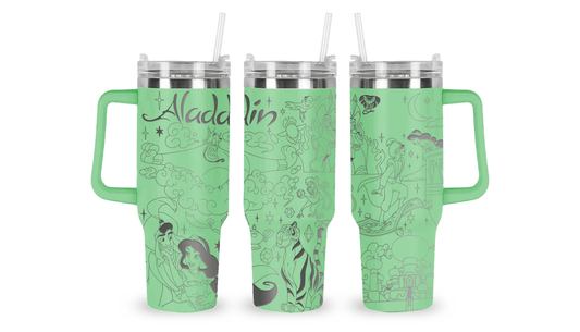 Stainless steel mug with an engraved Aladdin design, featuring Aladdin, Jasmine, the Genie, and Agrabah details.