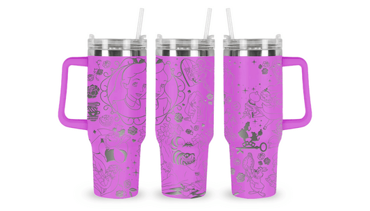 Stainless steel tumbler with an engraved Alice in Wonderland design, featuring Alice, the Cheshire Cat, and whimsical details.