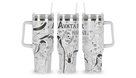 Stainless steel tumbler with an engraved Avatar (2009) design, featuring Na’vi warriors and Pandora-inspired elements.