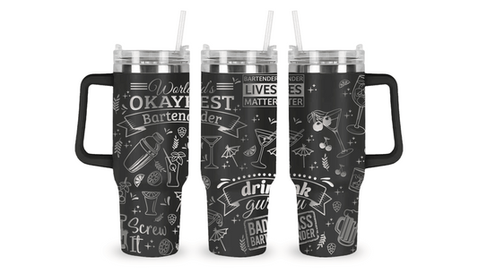 Stainless steel tumbler with an engraved bartender design, featuring cocktail shakers, glasses, and mixology tools.