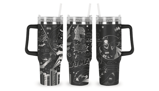Stainless steel mug with an engraved Batman design, featuring the Bat-Signal, Gotham City, and Batman’s emblem."