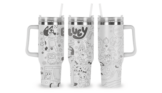 Stainless steel tumbler with an engraved Bluey design, featuring Bluey and friends.