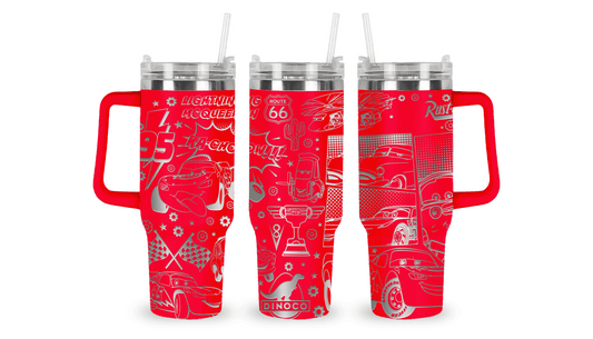 Stainless steel tumbler with an engraved Cars design, featuring Lightning McQueen, Mater, and racing elements