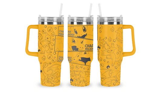 Stainless steel tumbler with an engraved Charmander design, featuring the Fire-type Pokémon with its flame tail.