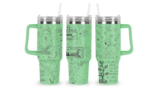 Stainless steel tumbler with an engraved Christmas Movies design, featuring festive film-inspired icons and holiday motifs.
