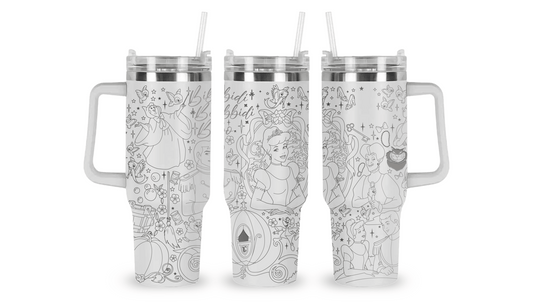 40oz stainless steel tumbler with an engraved Cinderella design, featuring her carriage and enchanting details.