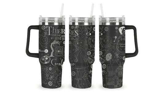 tainless steel mug with an engraved Coraline design, featuring Coraline, button-eyed details, and eerie elements.