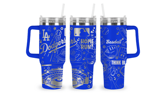 Stainless steel tumbler with an engraved Dodgers design, featuring the Dodgers logo and baseball-themed details