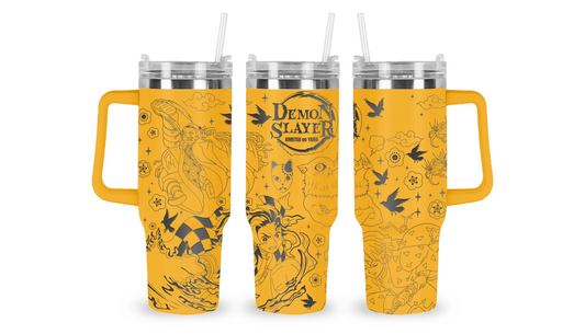 tainless steel tumbler with an engraved Demon Slayer design, featuring Tanjiro, Nezuko, and anime-inspired details.
