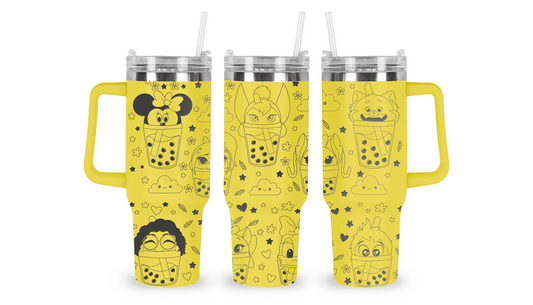 Yellow engraved tumbler featuring Disney characters inside boba tea cups with stars, clouds, and heart accents