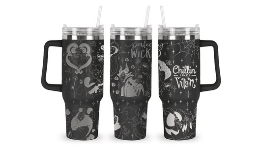 Engraved tumbler with Disney Villains like Maleficent, Ursula, Evil Queen, and Cruella surrounded by magical motifs.