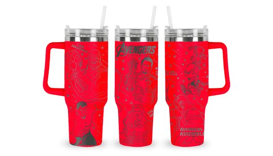 Stainless steel tumbler with an engraved Avengers Endgame design, showcasing iconic Marvel heroes