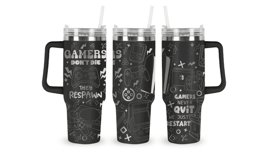 Stainless steel tumbler with an engraved video game design, featuring controllers, pixels, and gaming icons.