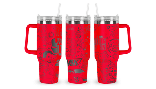 Stainless steel tumbler with an engraved Iron Man design, featuring Iron Man’s helmet, arc reactor, and tech-inspired details