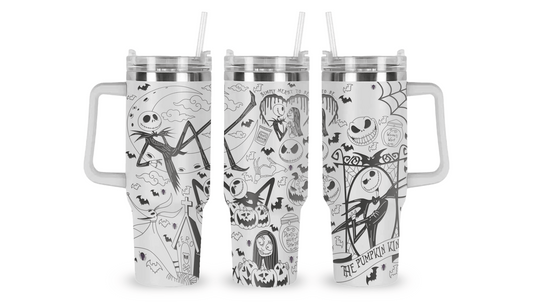 Stainless steel mug with an engraved Jack Skellington design, featuring Jack’s face, spooky swirls, and eerie elements.