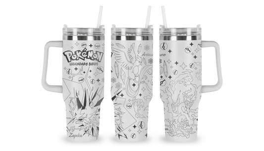 Stainless steel tumbler with an engraved Pokémon Legendary Kanto Birds design, featuring Articuno, Zapdos, and Moltres