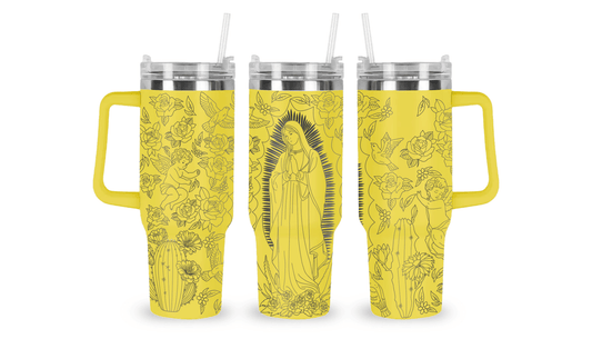 Stainless steel mug with an engraved Our Lady of Guadalupe design, featuring the Virgin of Guadalupe with radiant rays and floral accents.
