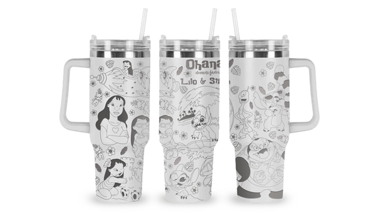40oz stainless steel tumbler featuring an intricately engraved design inspired by Lilo & Stitch. The detailed etching showcases Stitch in a playful, tropical-themed setting, adding a fun and stylish touch to this high-capacity drinkware piece.