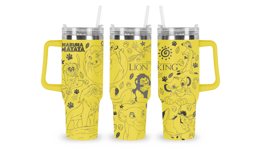 Stainless steel tumbler with an engraved Lion King design, featuring Simba and Pride Rock.