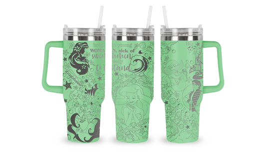 40oz stainless steel tumbler with an engraved Little Mermaid design, featuring Ariel and ocean-inspired details