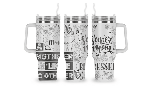 Stainless steel tumbler with an engraved Mother's Day design, featuring heartfelt messages and floral accents.