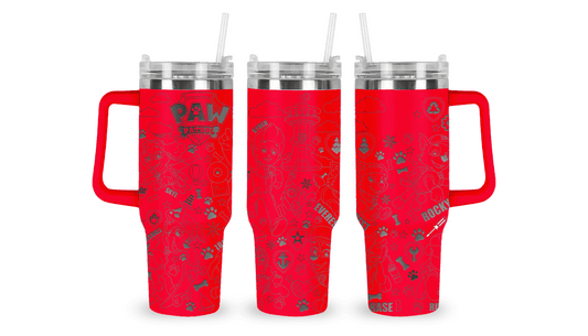 Stainless steel tumbler with an engraved Paw Patrol design, featuring Chase, Marshall, Skye, and other characters.
