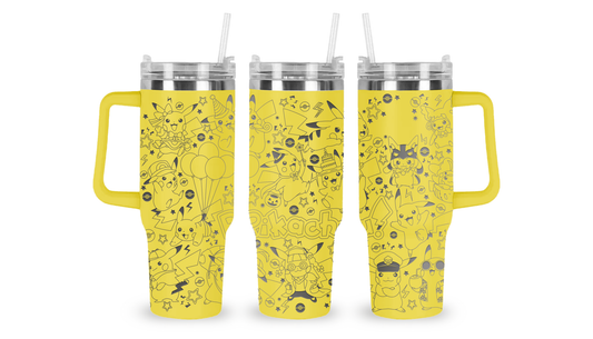 40oz stainless steel tumbler featuring an intricately engraved design of Pikachu. The detailed etching showcases Pikachu’s playful and iconic look, adding a fun and electrifying touch to this high-capacity drinkware piece.