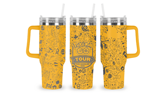 Stainless steel tumbler with an engraved Pokémon GO Tour: Los Angeles 2025 design, featuring event-inspired details