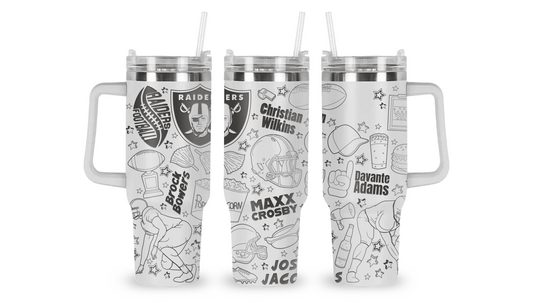 Stainless steel mug with an engraved Raiders design, featuring the team logo and football-inspired elements.