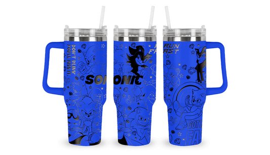 Stainless steel tumbler with an engraved Sonic 3: The Movie design, featuring Sonic, Tails, Knuckles, and Shadow.