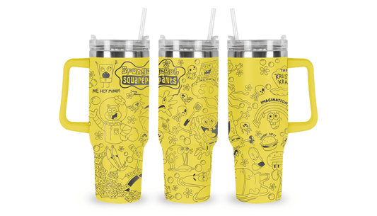 Stainless steel mug with an engraved SpongeBob SquarePants design, featuring SpongeBob, Patrick, and underwater-themed elements.