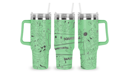 Stainless steel tumbler with an engraved Squirtle design, featuring the Water-type Pokémon in an action pose.