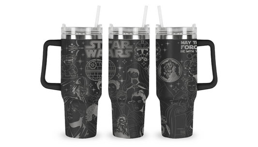 Stainless steel tumbler with an engraved Star Wars design, featuring iconic characters and symbols.