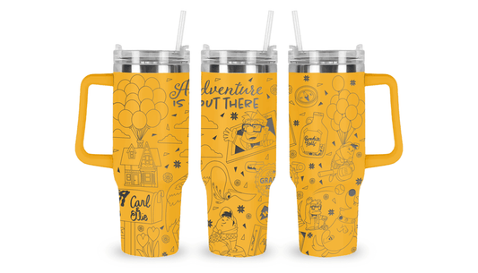 Stainless steel tumbler with an engraved Up design, featuring Carl’s house floating with balloons.
