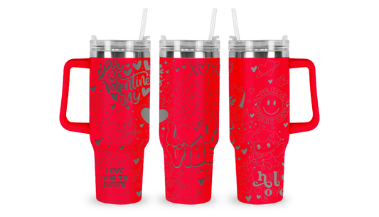 40oz stainless steel tumbler featuring an intricately engraved Valentine’s-themed design. The detailed etching showcases hearts, roses, and romantic elements, adding a charming and elegant touch to this high-capacity drinkware piece.