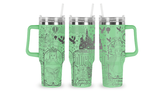 40oz stainless steel tumbler with an engraved Wicked the Movie design, featuring elements inspired by Elphaba and Glinda.
