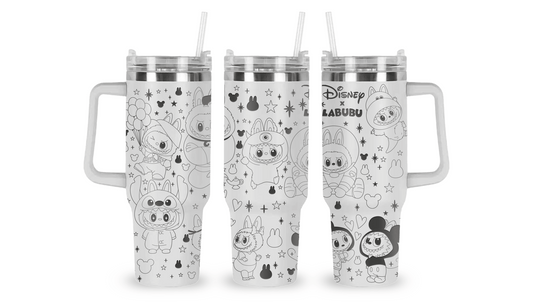 Engraved tumbler with Labubu characters in Disney costumes, surrounded by stars and Mickey icons.
