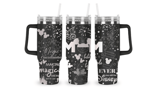 Stainless steel tumbler with an engraved Disney Mom design featuring Mickey ears and magical accents