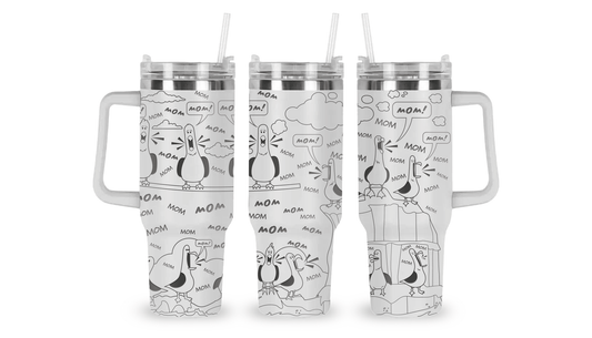 Engraved tumbler featuring Finding Nemo-style seagulls repeating the word 'Mom' in a playful design.