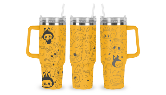 Stainless steel tumbler with an engraved design of Labubu, the mischievous character from The Monsters