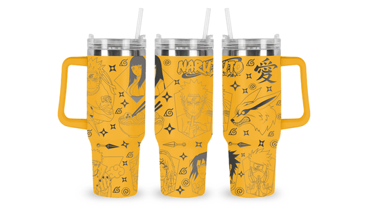 Engraved tumbler with Naruto anime-themed characters and ninja symbols in a bold, action-packed style.
