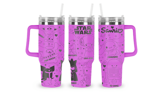 Stainless steel tumbler with an engraved Sanrio x Labubu design, featuring Sanrio characters in Labubu’s unique art style.