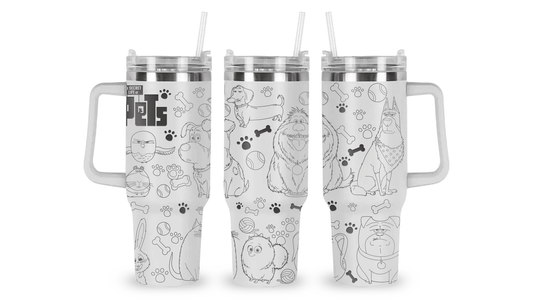 Engraved tumbler featuring characters from Secret Life of Pets including Max, Gidget, and Snowball with fun pet-themed details.