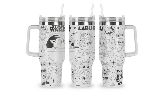 Stainless steel tumbler with an engraved Star Wars x Labubu design, blending iconic characters with Labubu’s playful style