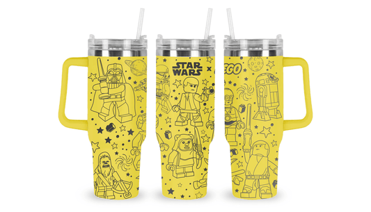 Stainless steel tumbler with an engraved Star Wars LEGO design featuring block-style Star Wars characters and ships