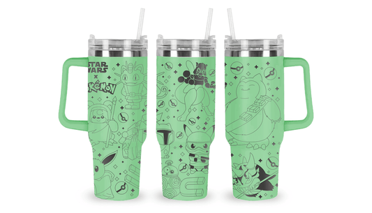 Stainless steel tumbler with an engraved Star Wars x Pokémon design featuring character mashups and sci-fi elements