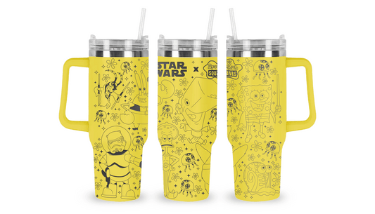 Stainless steel tumbler with an engraved Star Wars x SpongeBob design featuring mashup characters in Star Wars costumes