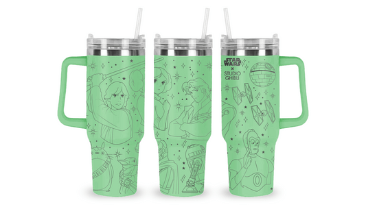 Stainless steel tumbler with an engraved Star Wars x Studio Ghibli design, blending sci-fi icons with Ghibli’s whimsical style.